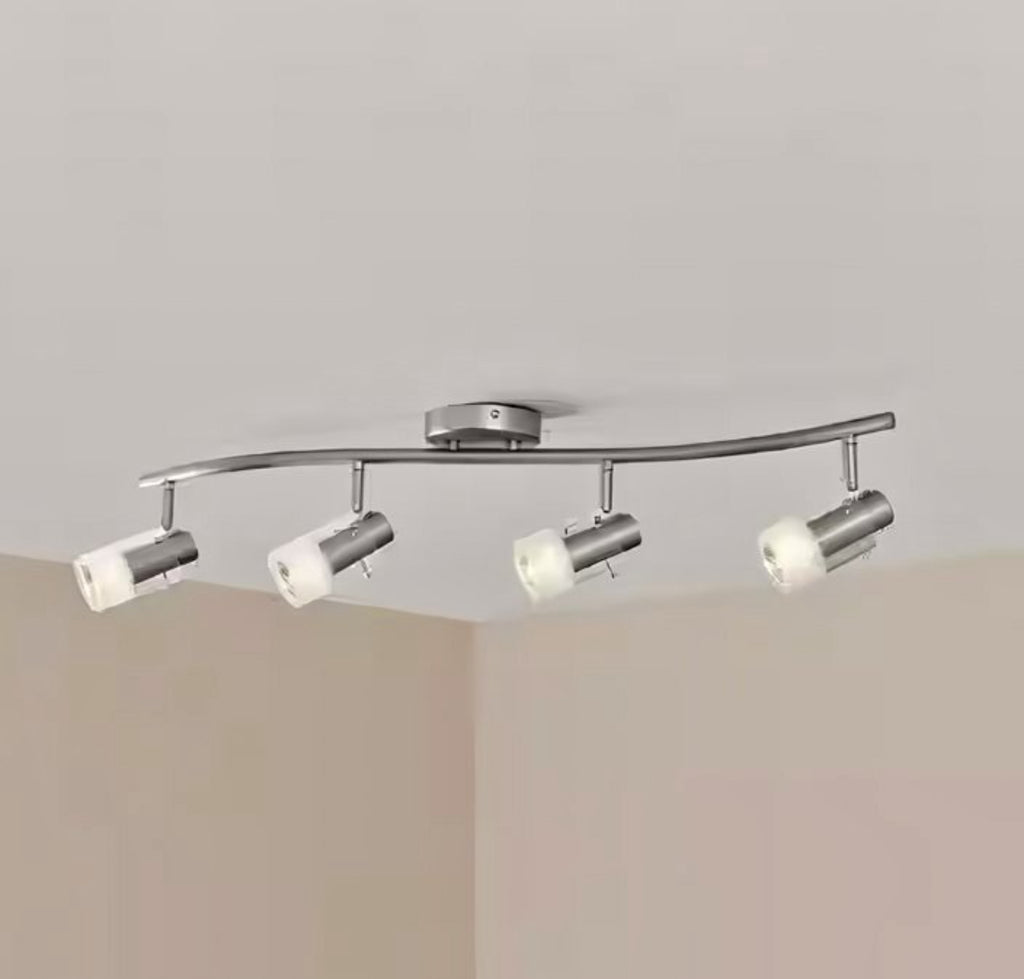 4-Light Brushed Steel Wave Bar Track Lighting Fixture with Cylinder Glass Shades