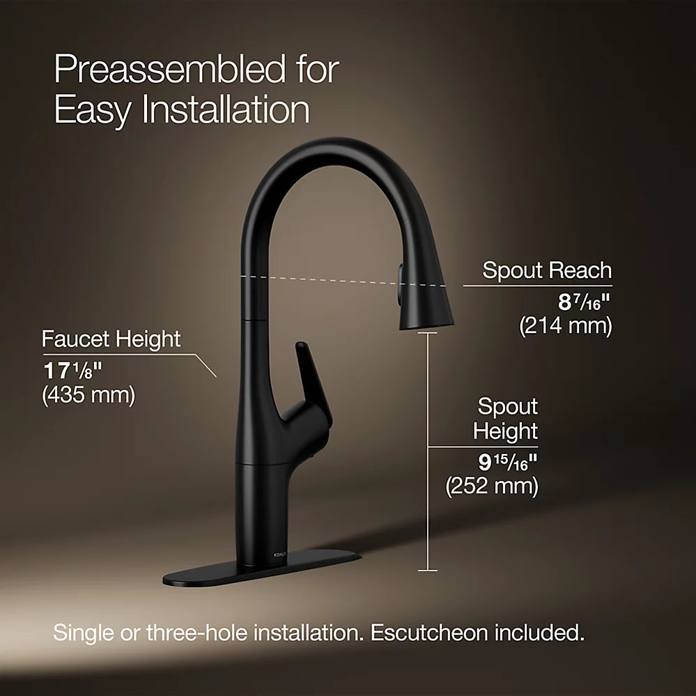 KOHLER Safia 1-Handle Pull Down Sprayer Kitchen Faucet with Integrated Soap Dispenser Matte Black